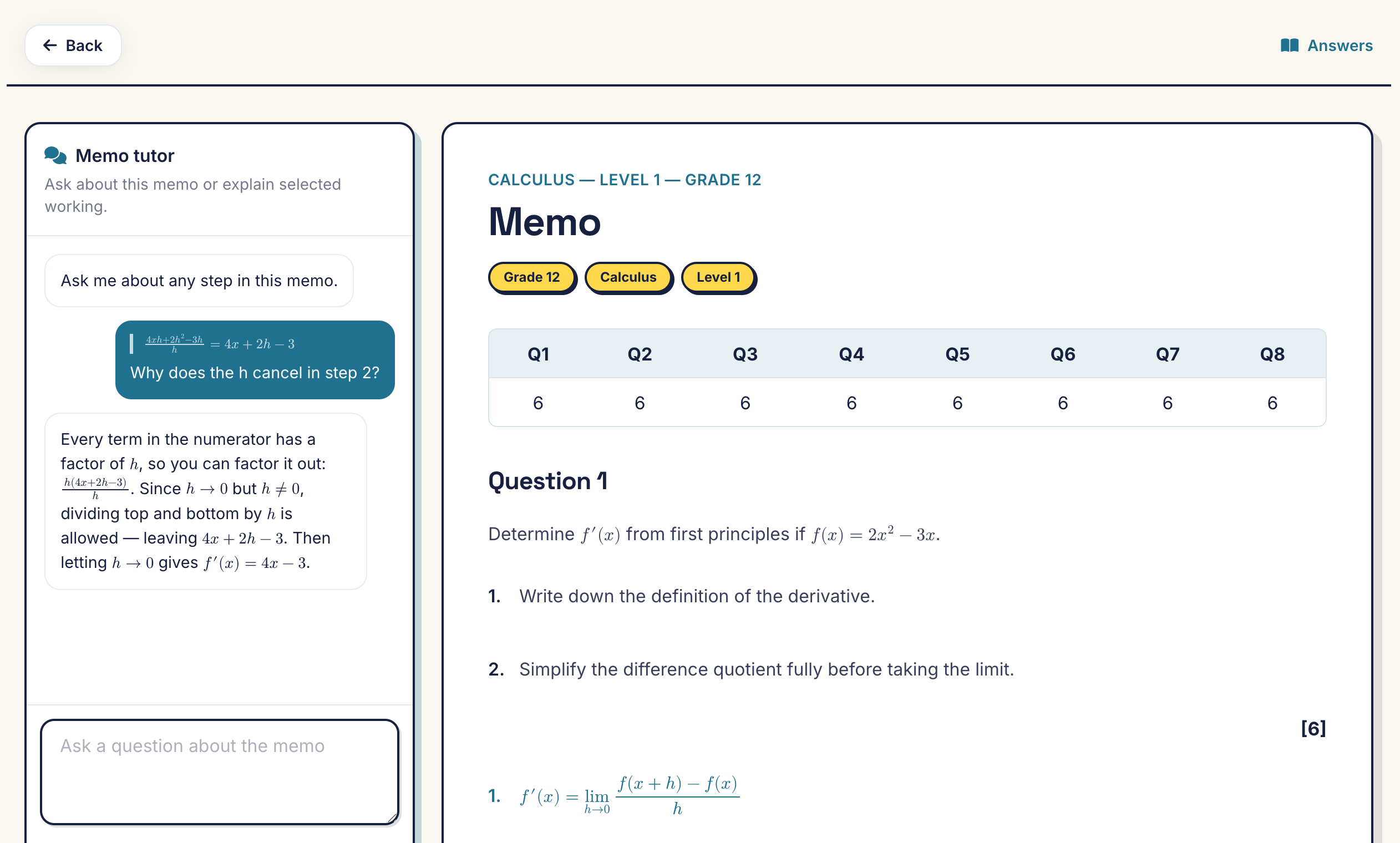 The Memo answers page: a worked calculus memo beside the maths tutor explaining a selected step